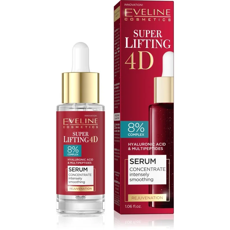 Eveline Super LIfting 4D 8% Complex Intensywnie Wygładzające Odmładzajace Serum Koncentrat dla Skóry Dojrzałej 30ml Eveline Super LIfting 4D 8% Complex Intensywnie Wygładzające Odmładzajace Serum Koncentrat dla Skóry Dojrzałej 30ml