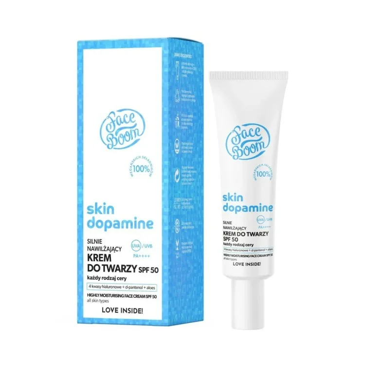 BIELENDA FACE BOOM SKIN DOPAMINE SILNIE NAWILŻAJĄCY KREM DO TWARZY SPF50 PA++++ wysoka ochrona przeciwko UVB/UVA 40ml BIELENDA FACE BOOM SKIN DOPAMINE SILNIE NAWILŻAJĄCY KREM DO TWARZY SPF50 PA++++ wysoka ochrona przeciwko UVB/UVA 40ml