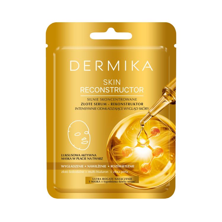 DERMIKA SKIN RECONTRUCTOR Silnie skoncentrowane złote serum, rekonstuktor intensywnie odmładzający wygląd skóry, maska w płacie 1 sztuka DERMIKA SKIN RECONTRUCTOR Silnie skoncentrowane złote serum, rekonstuktor intensywnie odmładzający wygląd skóry, maska w płacie 1 sztuka