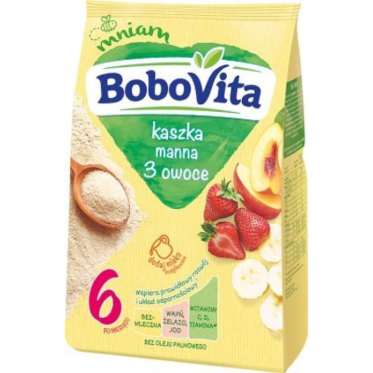 BoboVita Kaszka Manna 3 Owoce dla Niemowląt po 6 Miesiącu bez Oleju Palmowego 180g