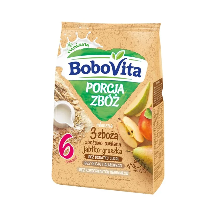 Bobovita Porcja Zbóż Kaszka mleczna 3 zboża zbożowo-owsiana jabłko-gruszka po 6 miesiącu 210 g Bobovita Porcja Zbóż Kaszka mleczna 3 zboża zbożowo-owsiana jabłko-gruszka po 6 miesiącu 210 g