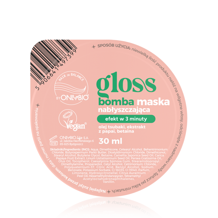 ONLYBIO HAIR IN BALANCE GLOSS BOMBA maska nabłyszczająca 30ml ONLYBIO HAIR IN BALANCE GLOSS BOMBA maska nabłyszczająca 30ml