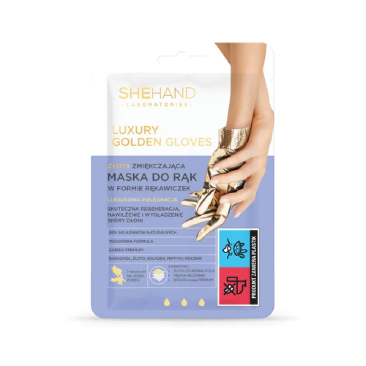 SHE COSMETICS SHEHAND LUXURY GOLDEN ZŁOTA ZMIĘKCZAJĄCA MASKA DO RĄK W FORMIE RĘKAWICZEK 1 PARA SHE COSMETICS SHEHAND LUXURY GOLDEN ZŁOTA ZMIĘKCZAJĄCA MASKA DO RĄK W FORMIE RĘKAWICZEK 1 PARA