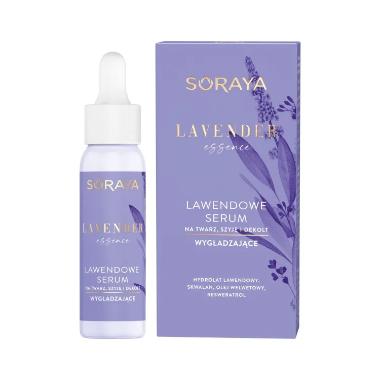 SORAYA LAVENDER ESSENCE Lawendowe serum wygładzające na twarz, szyję i dekolt 30ml EXP: 07.2025 SORAYA LAVENDER ESSENCE Lawendowe serum wygładzające na twarz, szyję i dekolt 30ml EXP: 07.2025