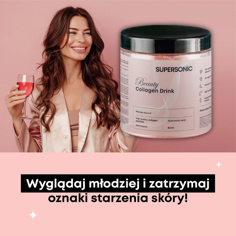 SUPERSONIC BEAUTY COLLAGEN DRINK Z KWASEM HIALURONOWYM I ELEKTROLITAMI O SMAKU MANGO 180G