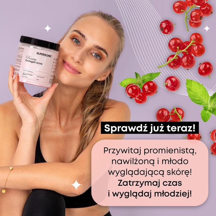 SUPERSONIC BEAUTY COLLAGEN DRINK Z KWASEM HIALURONOWYM I ELEKTROLITAMI O SMAKU PORZECZKI I MIĘTY 180G