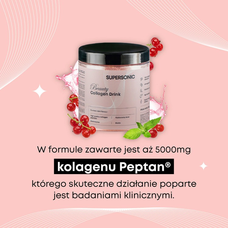 SUPERSONIC BEAUTY COLLAGEN DRINK Z KWASEM HIALURONOWYM I ELEKTROLITAMI O SMAKU PORZECZKI I MIĘTY 180G