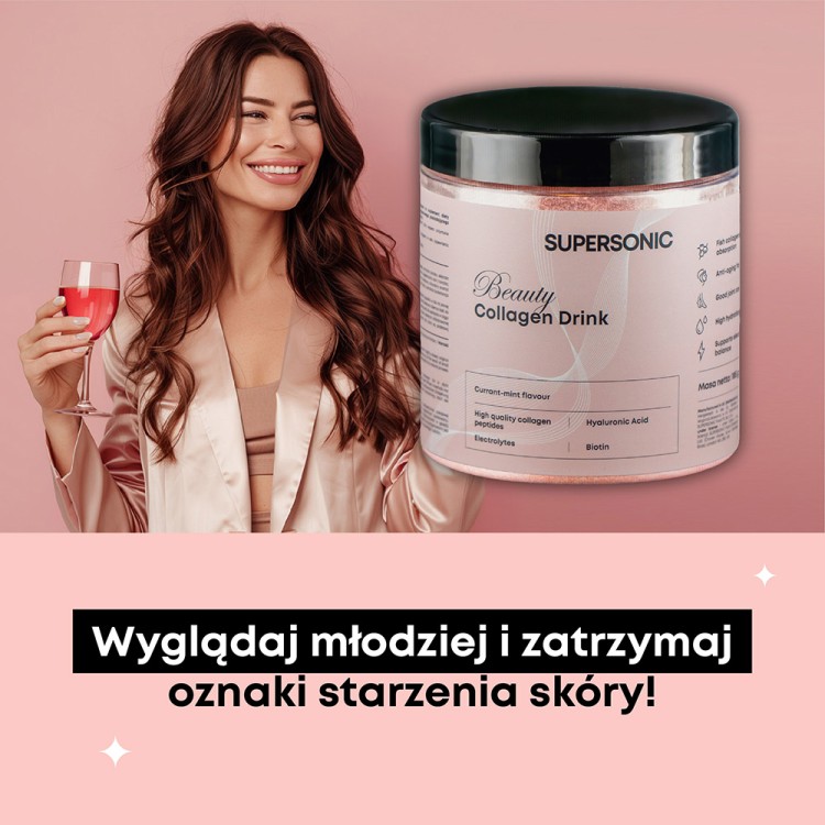 SUPERSONIC BEAUTY COLLAGEN DRINK Z KWASEM HIALURONOWYM I ELEKTROLITAMI O SMAKU PORZECZKI I MIĘTY 180G